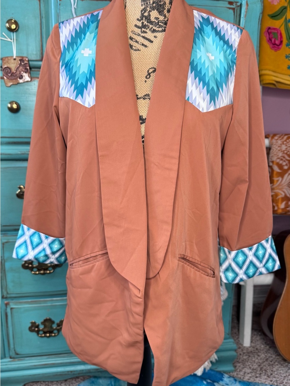 Rust Open Front Jacket with Turquoise Aztec Accents